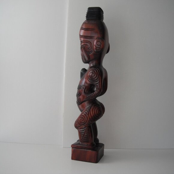 Vintage New Zealand Maori 19" Hand Carved Wood Teko Tiki Totem Statue Shell Eyes - Picture 3 of 8